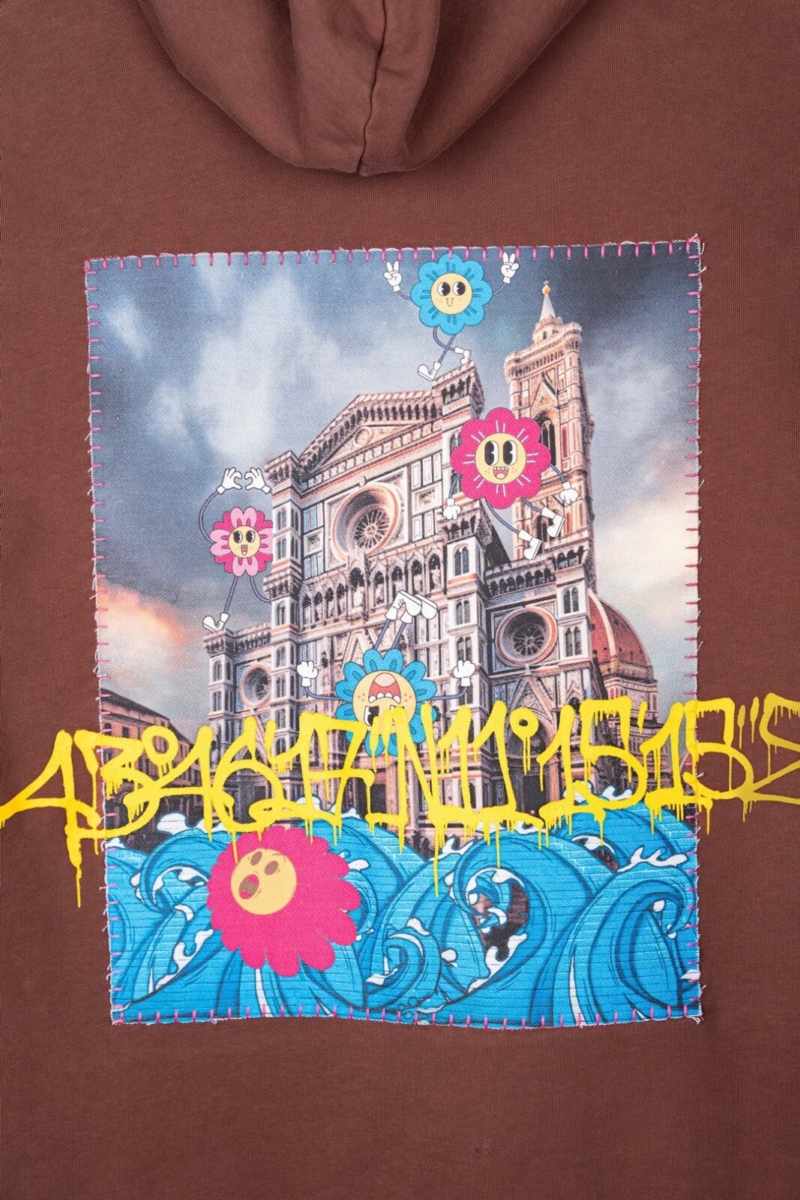 Felpa con cappuccio streetwear oversize in cotone con grafica del Duomo di Firenze con coordinate geografiche