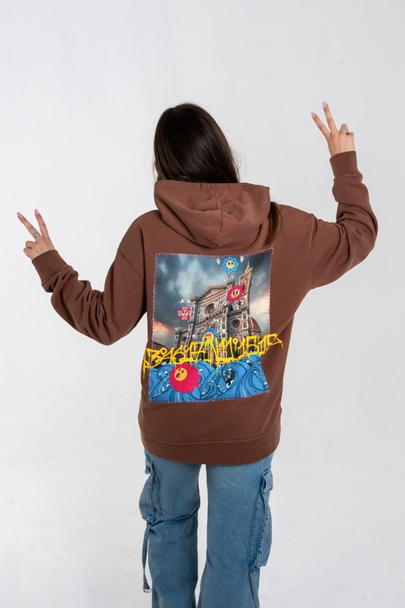 Felpa con cappuccio streetwear oversize in cotone con grafica del Duomo di Firenze con coordinate geografiche