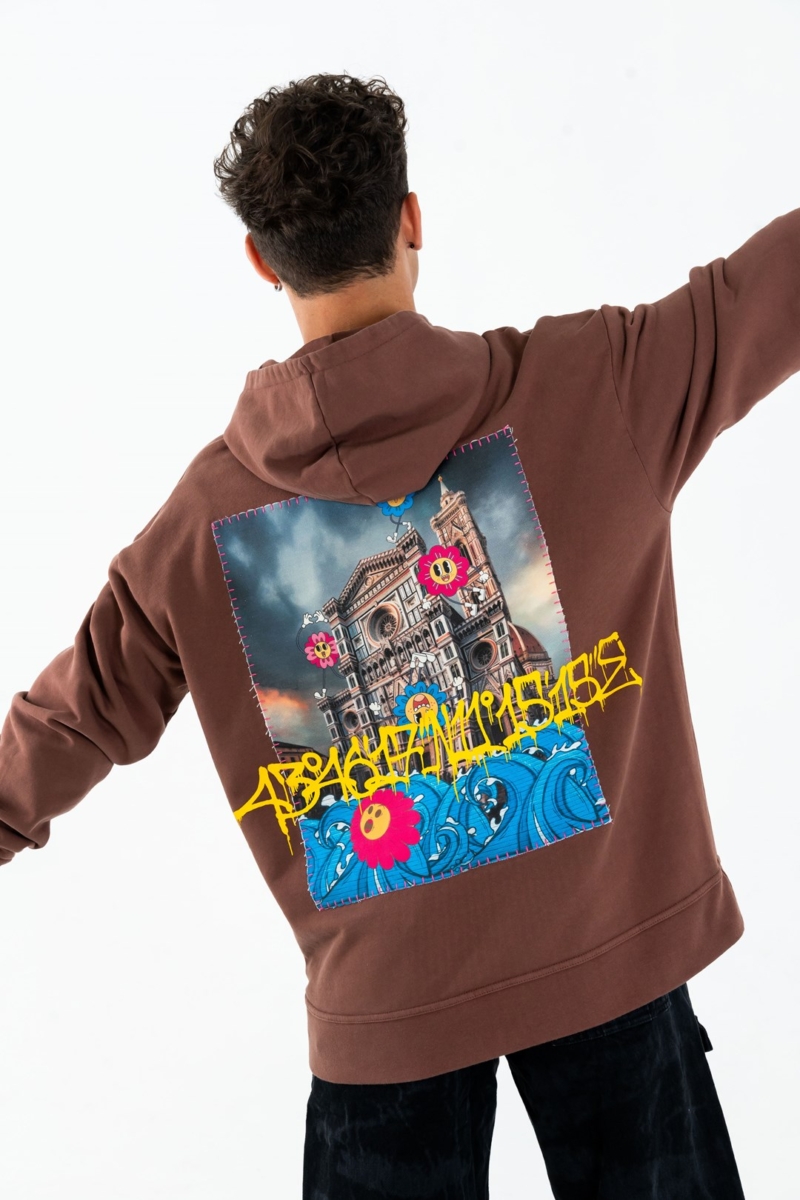 Felpa con cappuccio streetwear oversize in cotone con grafica del Duomo di Firenze con coordinate geografiche