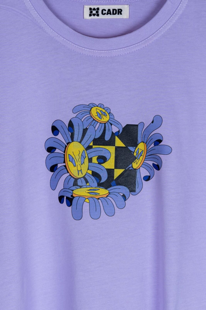 T-shirt streetwear fiori oversize in cotone lavanda con grafica floreale