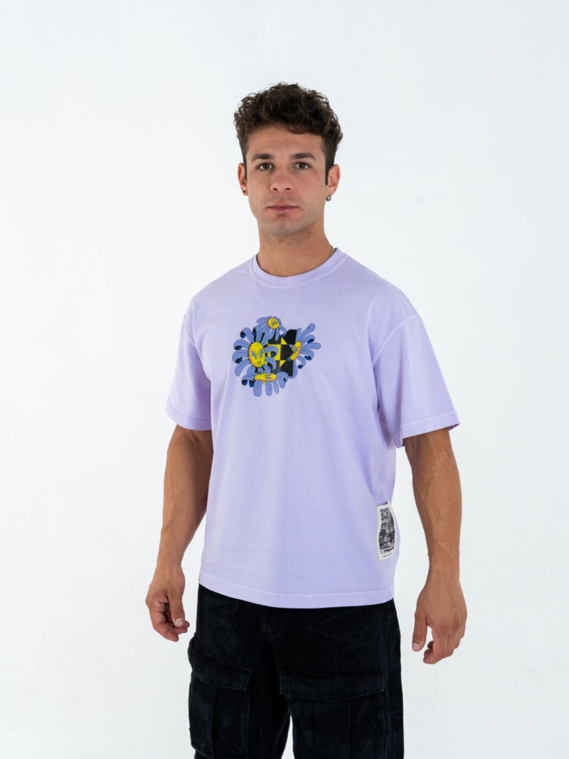 T-shirt streetwear fiori oversize in cotone lavanda con grafica floreale